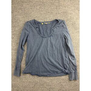 Little Yellow Button Shirt Womens Small Blue Scoop Neck Long Sleeve Tee Top